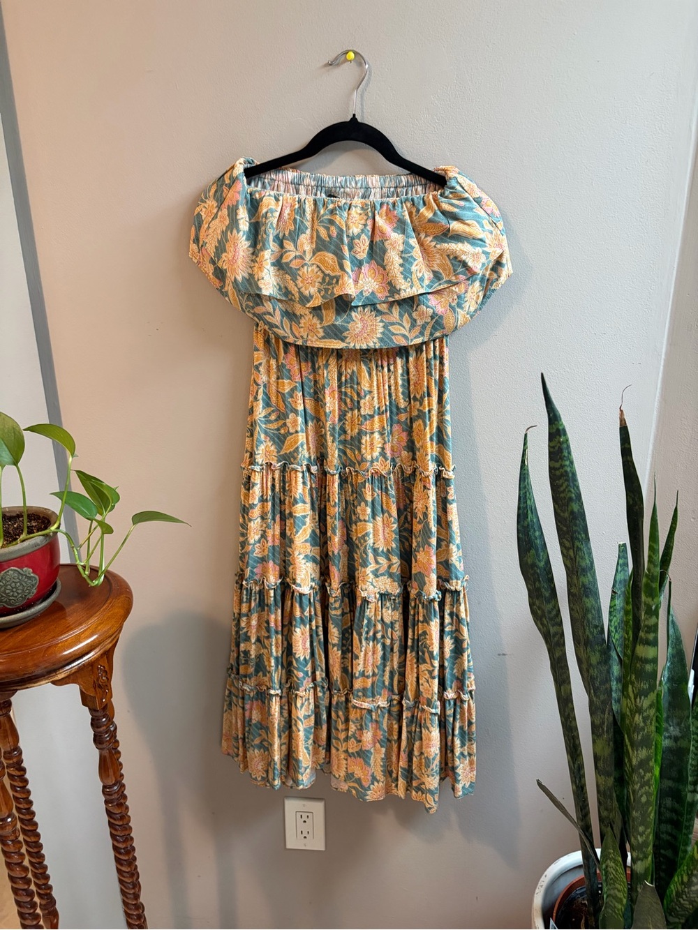 1. State Yellow and Teal Floral Off-Shoulder Tiered Maxi Dress